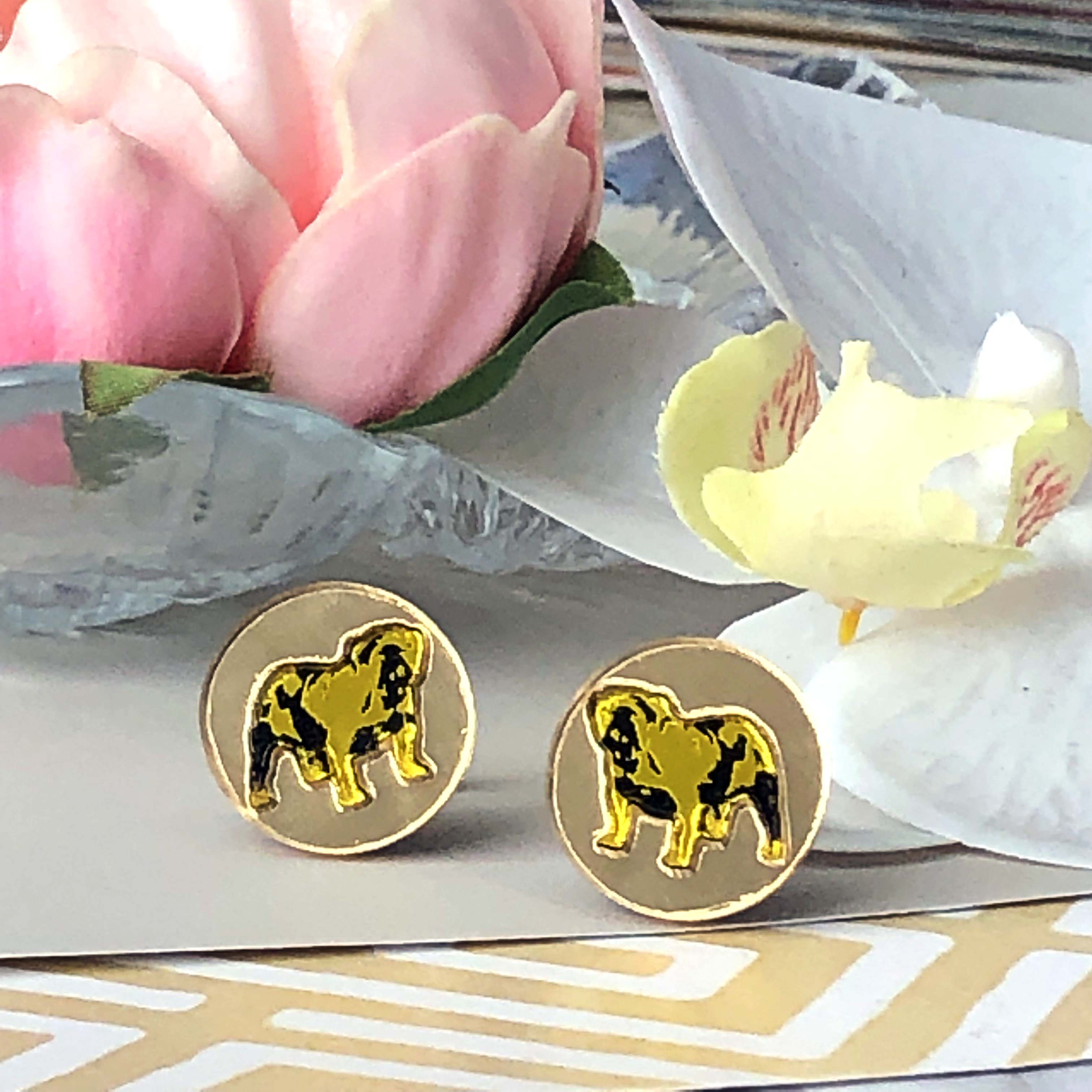 Inlaid British Bulldog Cufflinks – Gold & Yellow by Moji Salehi