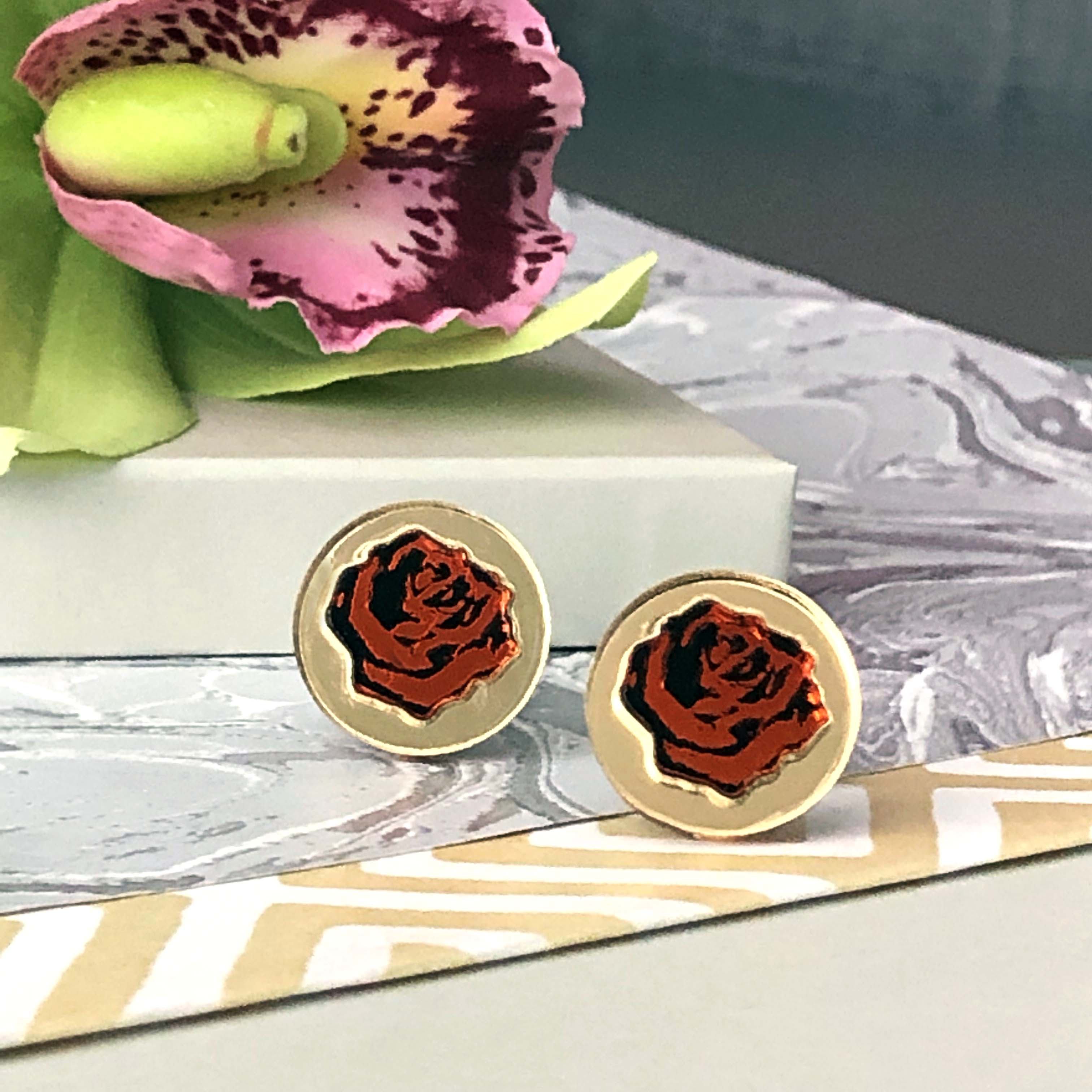 Inlaid English Rose Cufflinks–Gold & Orange by Moji Salehi