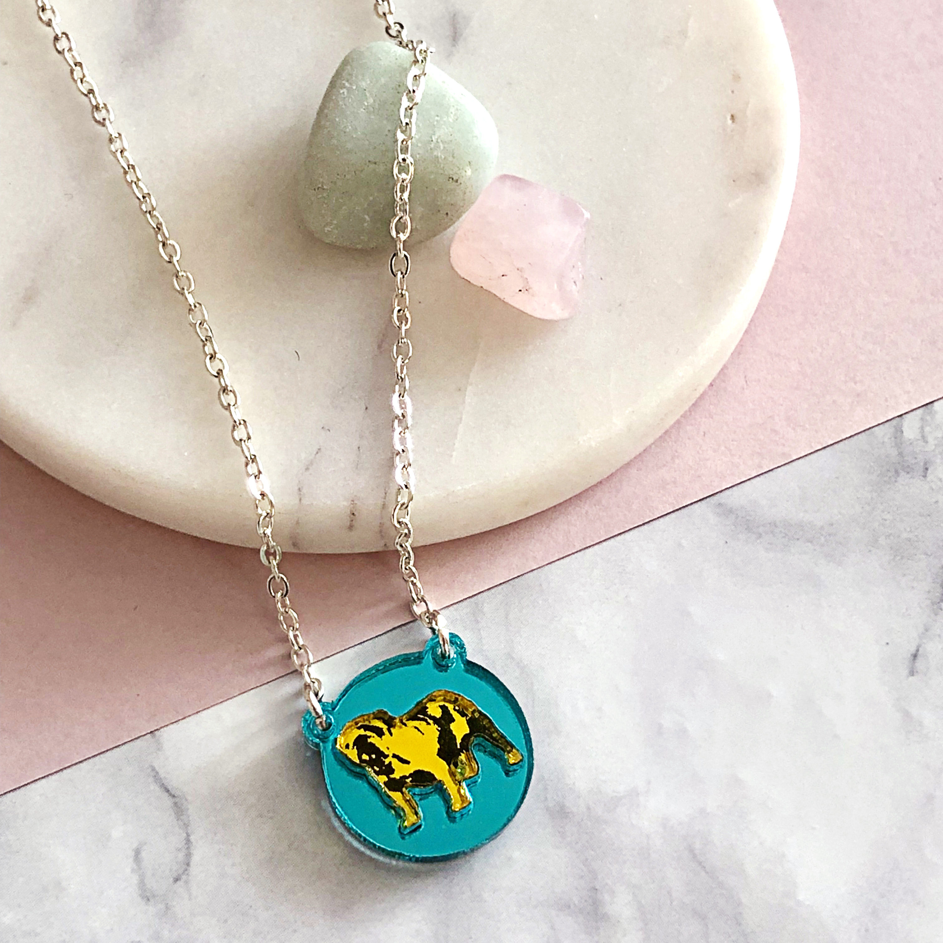 Inlaid Bulldog Necklace -Turquoise & Yellow by Moji Salehi