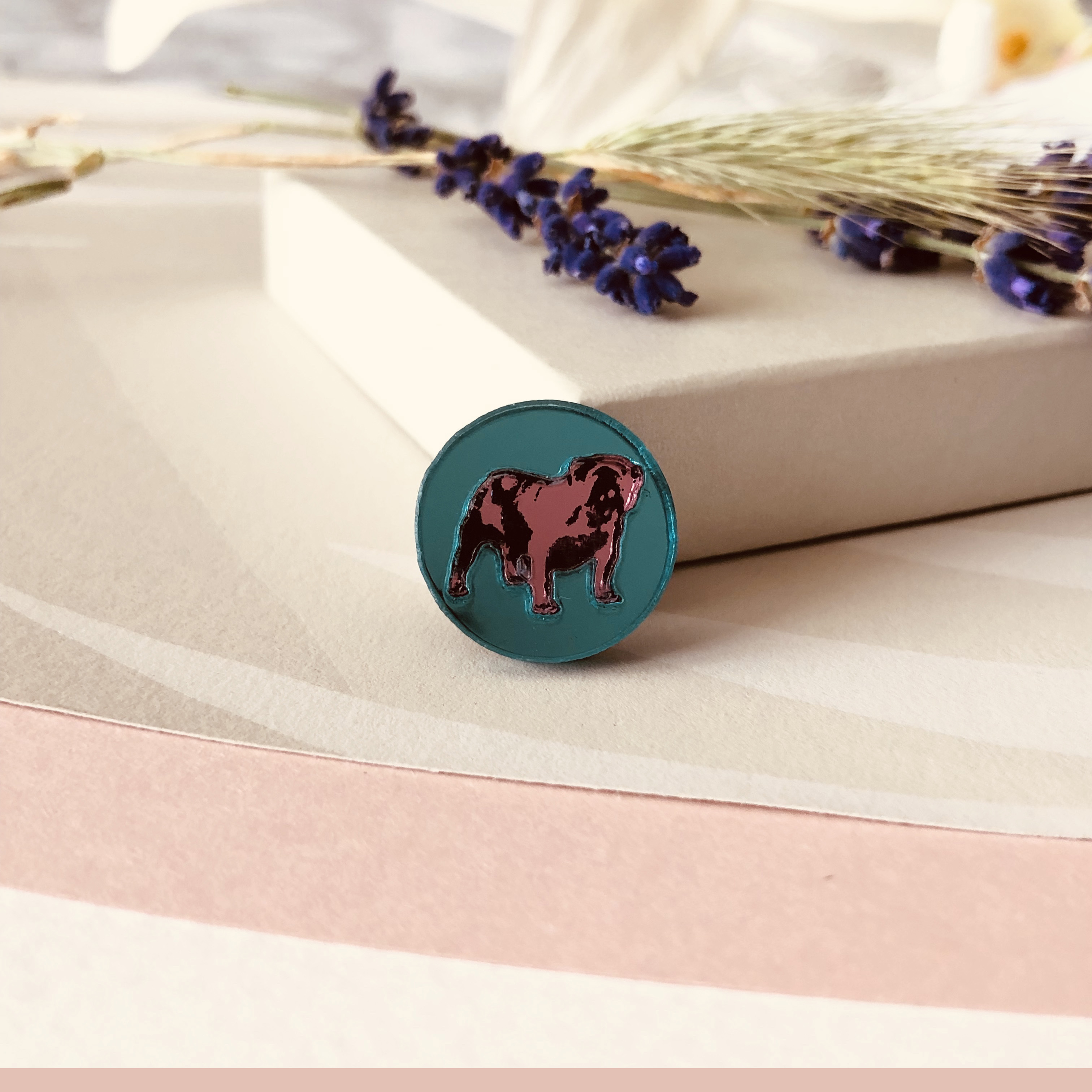 Inlaid British Bulldog Brooch -Turquoise & Pink by Moji Salehi