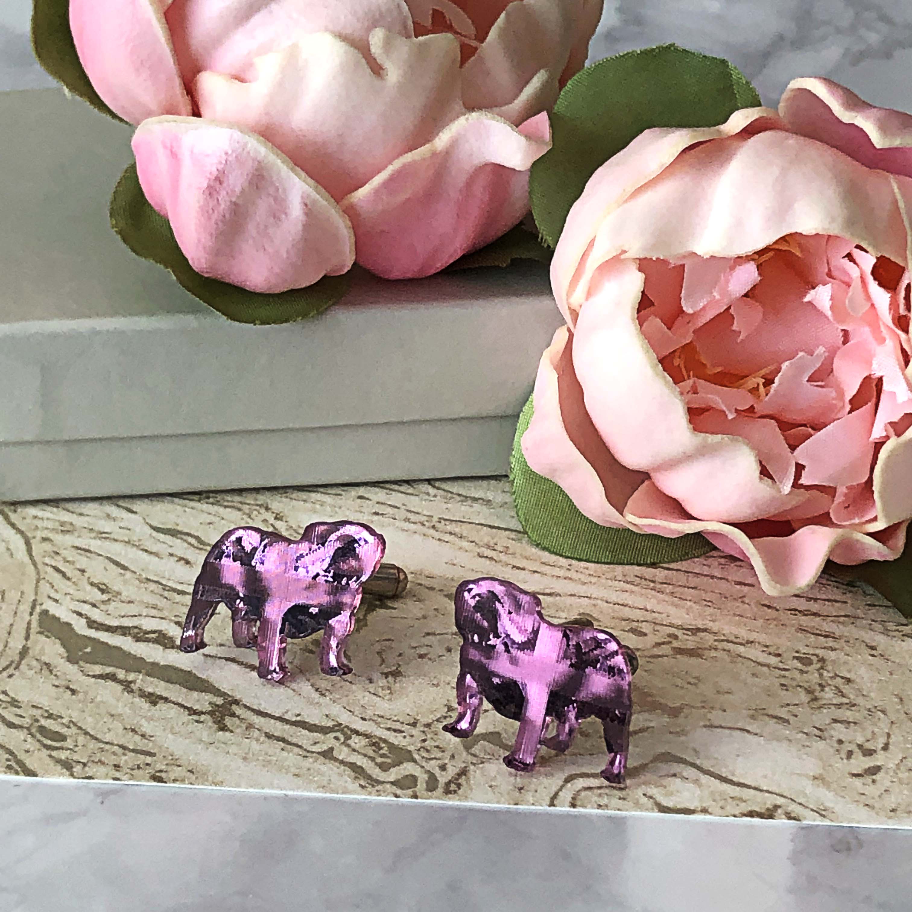 British Bulldog Cufflinks with Union Jack engraving - Pink & Black by Moji Salehi