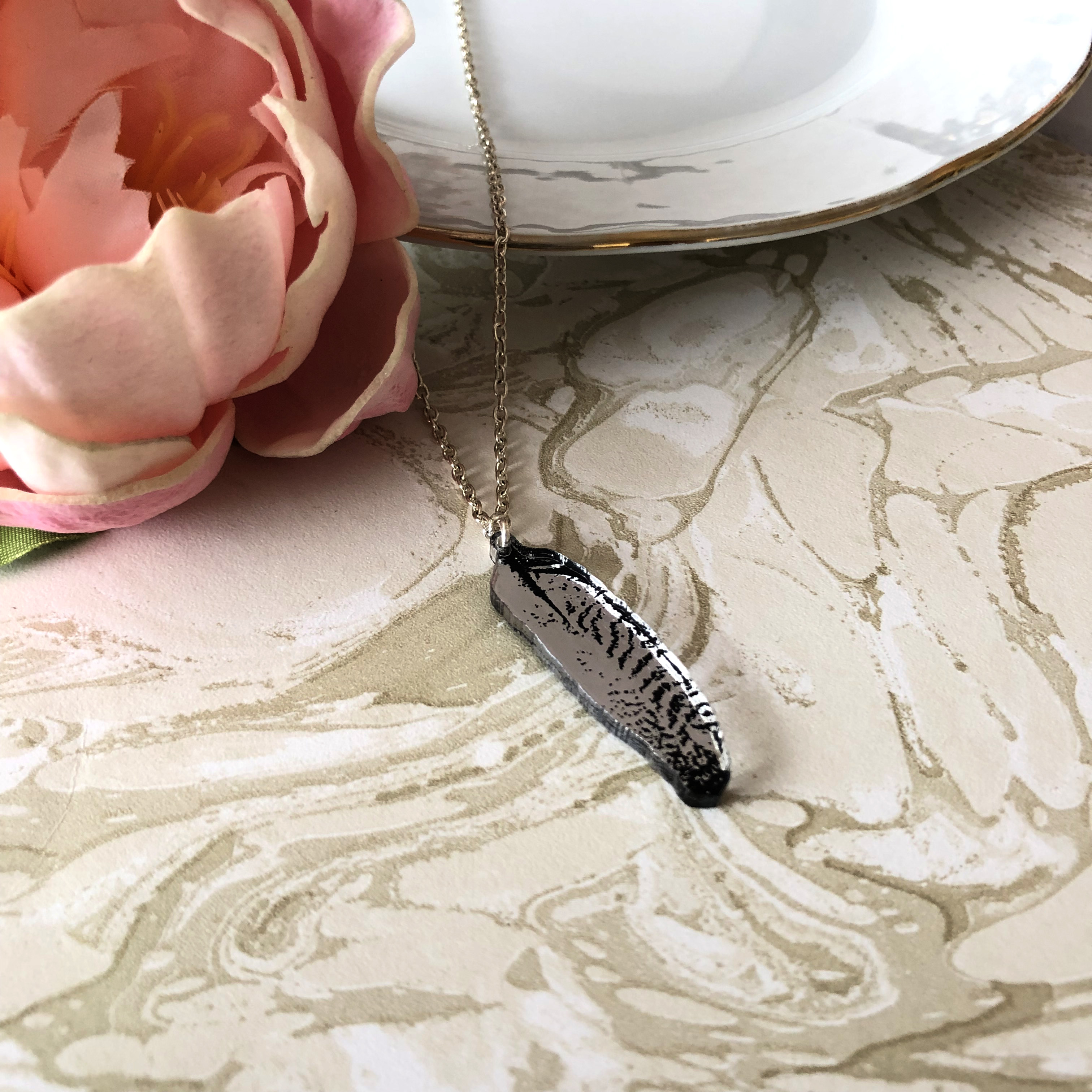 Feather Necklace -Silver & Black by Moji Salehi