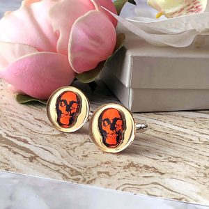 Inlaid Skull Cufflinks–Gold & Orange by Mojiana