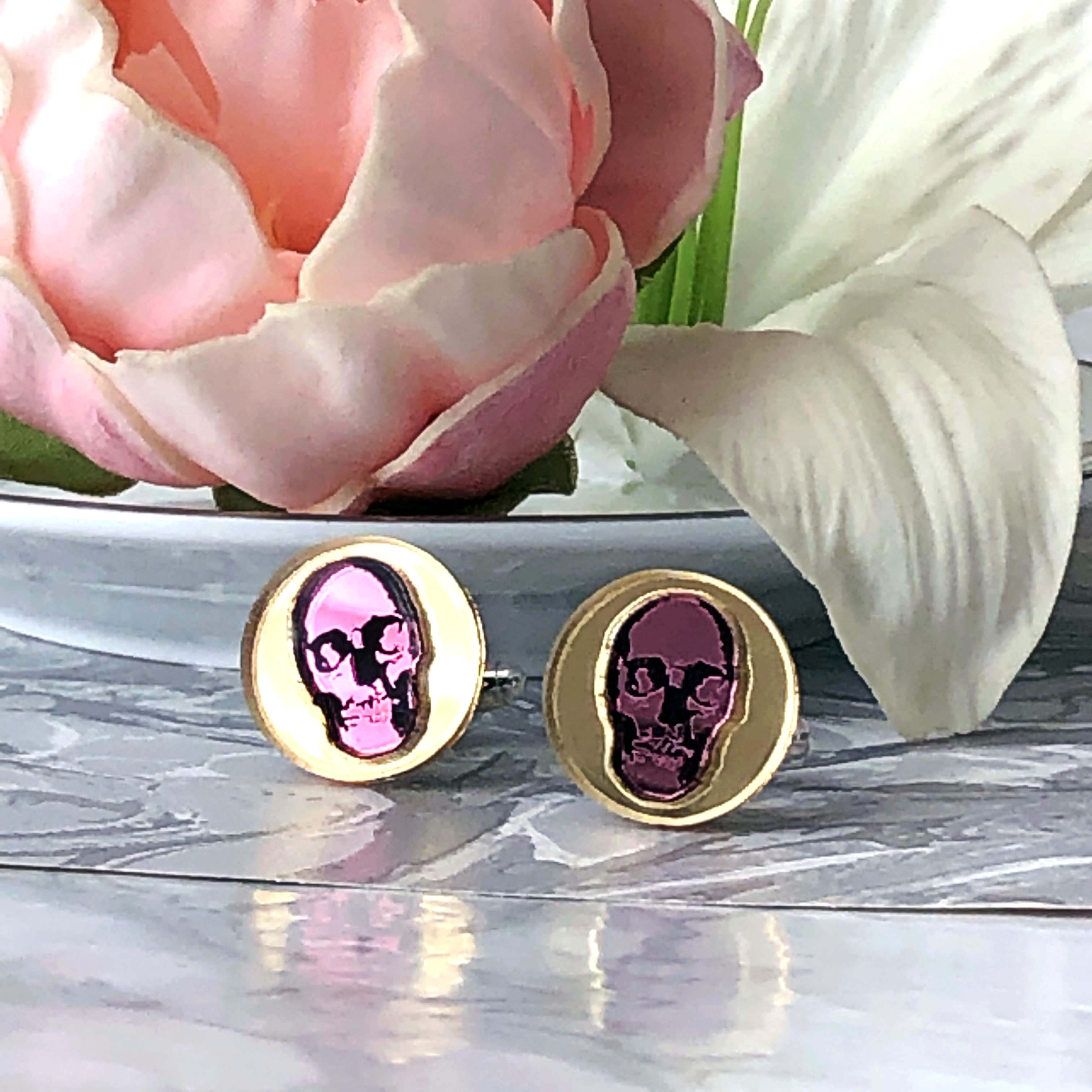 Inlaid Skull Cufflinks–Gold & Pink by Moji Salehi