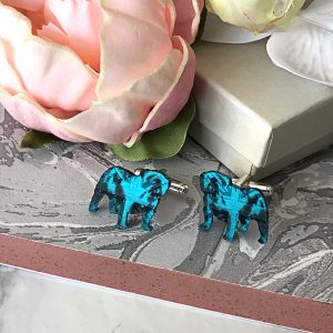 British Bulldog Cufflinks with Union Jack engraving - Turquoise & Black by Moji Salehi